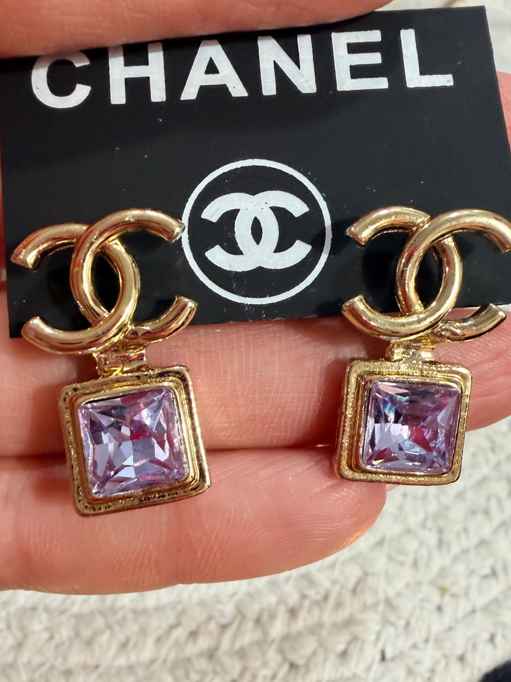 Gold-Tone CC Drop Earrings with Lavender Square Stones